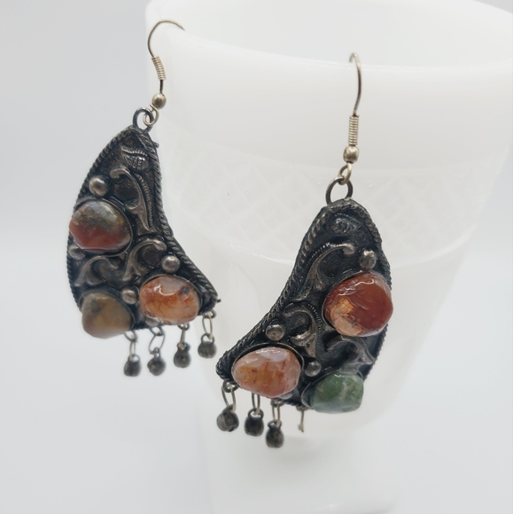 Artisan natural stones hand cut silver earrings butterfly wings vintage stunning - Picture 5 of 10